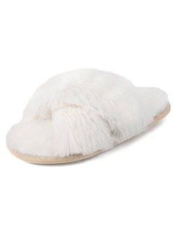 Women's Open Toe Fluffy Slippers-Two Band Slides Soft Luxury Plush Shoes