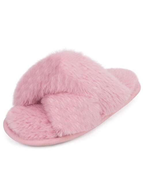 Tiosebon Women's Open Toe Fluffy Slippers-Two Band Slides Soft Luxury Plush Shoes