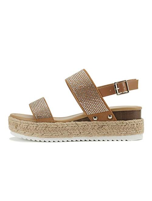 SODA DOUBLE ~ Women Open Toe Espadrille Flatform Platform Rhinestones Fashion Jute Wedge Sandals with Adjustable Sling Back Strap