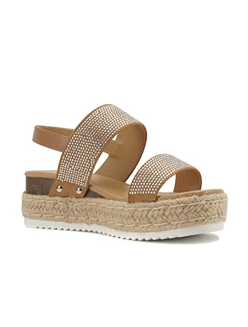 SODA DOUBLE ~ Women Open Toe Espadrille Flatform Platform Rhinestones Fashion Jute Wedge Sandals with Adjustable Sling Back Strap