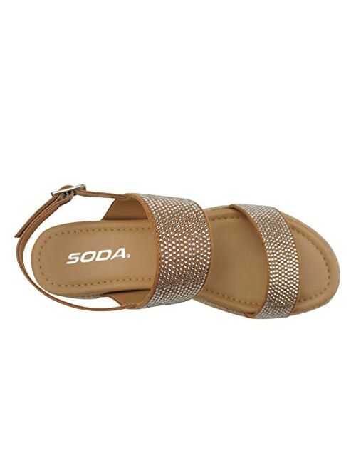 SODA DOUBLE ~ Women Open Toe Espadrille Flatform Platform Rhinestones Fashion Jute Wedge Sandals with Adjustable Sling Back Strap