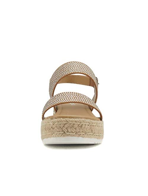 SODA DOUBLE ~ Women Open Toe Espadrille Flatform Platform Rhinestones Fashion Jute Wedge Sandals with Adjustable Sling Back Strap