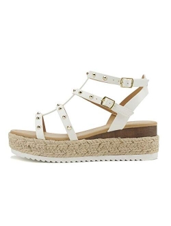 SOMEHOW ~ Women Open Toe Espadrille Wrap Flatform with Round Stud Fisherman Upper Adjustable Buckles Fashion Wedge Sandals