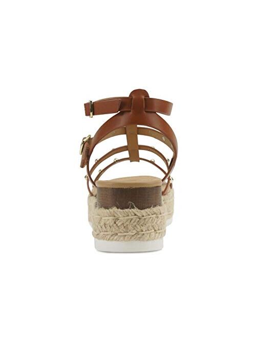 SODA SOMEHOW ~ Women Open Toe Espadrille Wrap Flatform with Round Stud Fisherman Upper Adjustable Buckles Fashion Wedge Sandals