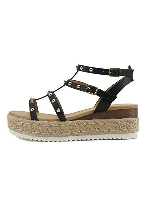 SODA SOMEHOW ~ Women Open Toe Espadrille Wrap Flatform with Round Stud Fisherman Upper Adjustable Buckles Fashion Wedge Sandals