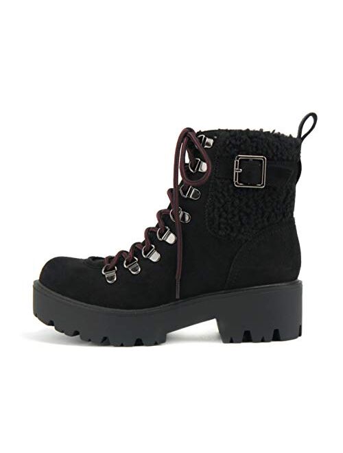 Soda Oboro – Women’s Hybrid Fleece Lug Sole Low Heel Lace up w/Side Zipper Fashion Ankle Bootie