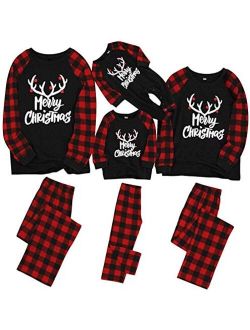 IFFEI Matching Family Pajamas Sets Christmas PJ's with Letter and Plaid Printed Long Sleeve Tee and Bottom Loungewear