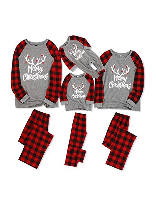 IFFEI Matching Family Pajamas Sets Christmas PJ's with Letter and Plaid Printed Long Sleeve Tee and Bottom Loungewear