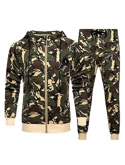 Mens Hooded Jumpsuit Full Zip Tracksuit Sweat Suit 2 Piece Hoodie Tracksuit Sets Casual Comfy Camo Jogging Sports Suits