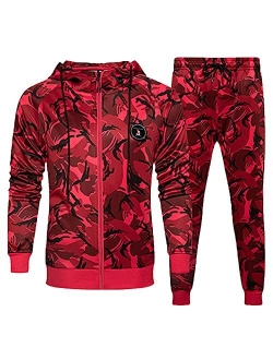 Mens Hooded Jumpsuit Full Zip Tracksuit Sweat Suit 2 Piece Hoodie Tracksuit Sets Casual Comfy Camo Jogging Sports Suits