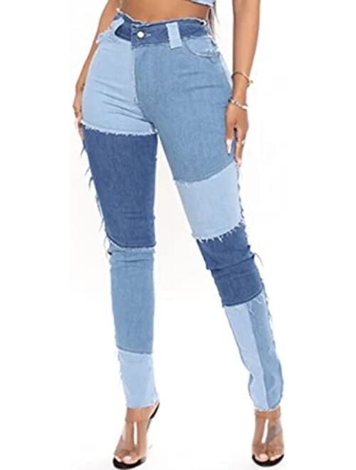 PAODIKUAI Women's Color Block Jeans High Waisted Straight Leg Patchwork Jeans Denim Pants