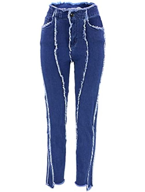 PAODIKUAI Women's Color Block Jeans High Waisted Straight Leg Patchwork Jeans Denim Pants