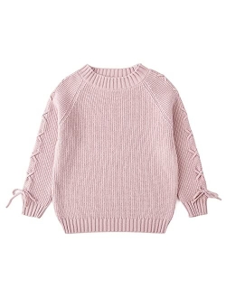 Curipeer Girls Long Sleeve Knit Sweater Lace Up Crewneck Cute Pullover Holiday 5-13Y