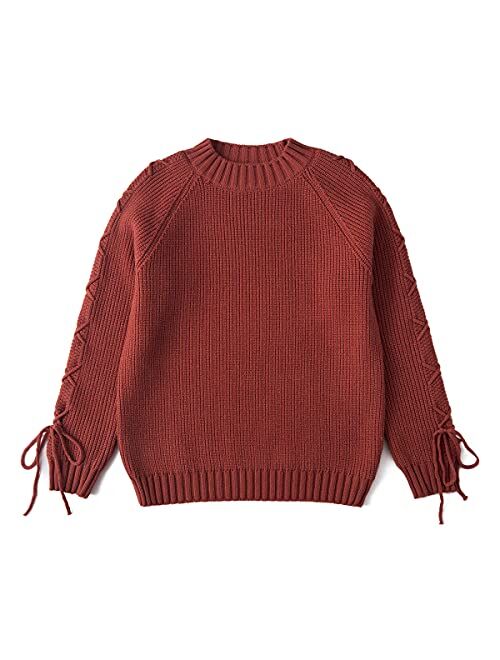 Curipeer Girls Long Sleeve Knit Sweater Lace Up Crewneck Cute Pullover Holiday 5-13Y