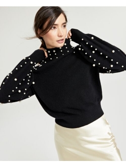 Cashmere Imitation-Pearl Embellished Mock-Neck Sweater, Created for Macy's