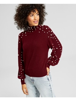 Cashmere Imitation-Pearl Embellished Mock-Neck Sweater, Created for Macy's