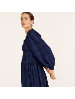 Smocked puff-sleeve dress in indigo plaid