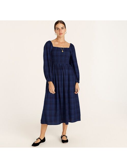 J.Crew Smocked puff-sleeve dress in indigo plaid