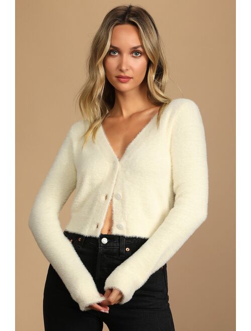 Lulus Winter Warmth Cream Eyelash Knit Fuzzy Cardigan Sweater