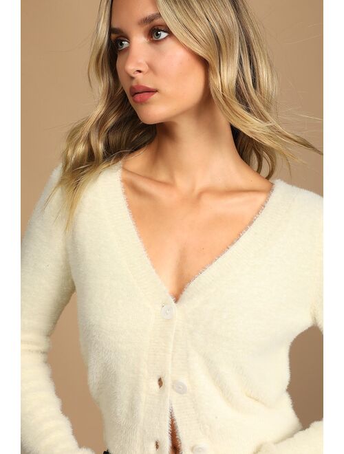 Lulus Winter Warmth Cream Eyelash Knit Fuzzy Cardigan Sweater