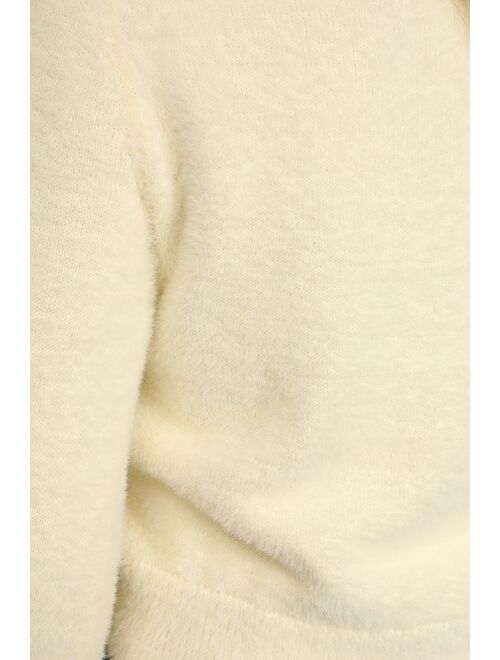 Lulus Winter Warmth Cream Eyelash Knit Fuzzy Cardigan Sweater