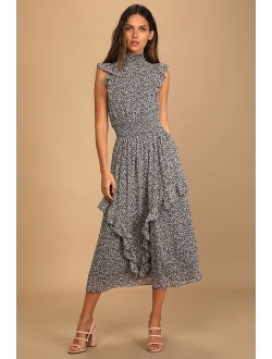 Evalina Navy Blue Floral Print Mock Neck Midi Dress