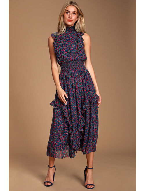 Lulus Evalina Navy Blue Floral Print Mock Neck Midi Dress