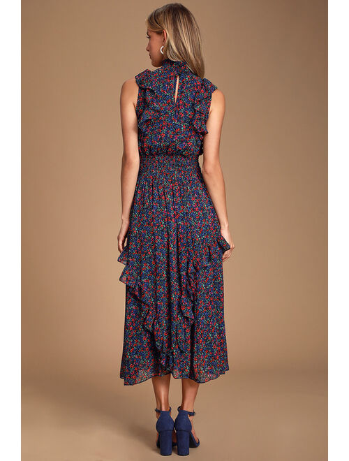 Lulus Evalina Navy Blue Floral Print Mock Neck Midi Dress