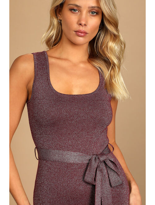 Lulus Leaving an Impression Burgundy Sparkly Sleeveless Sweater Dress