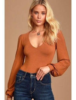 Kaylene Burgundy V-Neck Balloon Sleeve Bodysuit