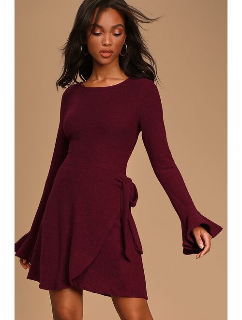 Lulus Favorite Tune Burgundy Faux Wrap Sweater Dress