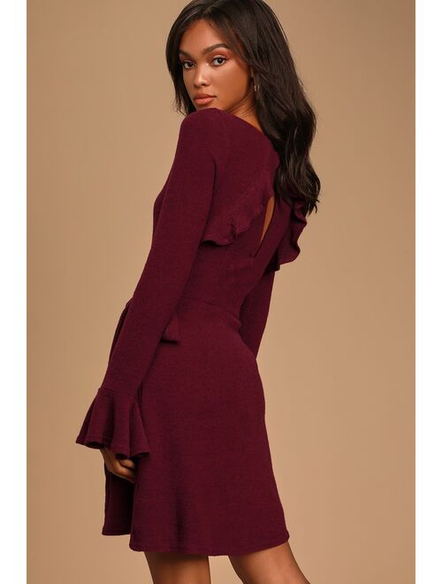 Lulus Favorite Tune Burgundy Faux Wrap Sweater Dress