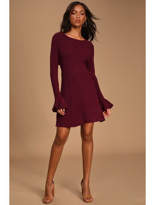 Lulus Favorite Tune Burgundy Faux Wrap Sweater Dress