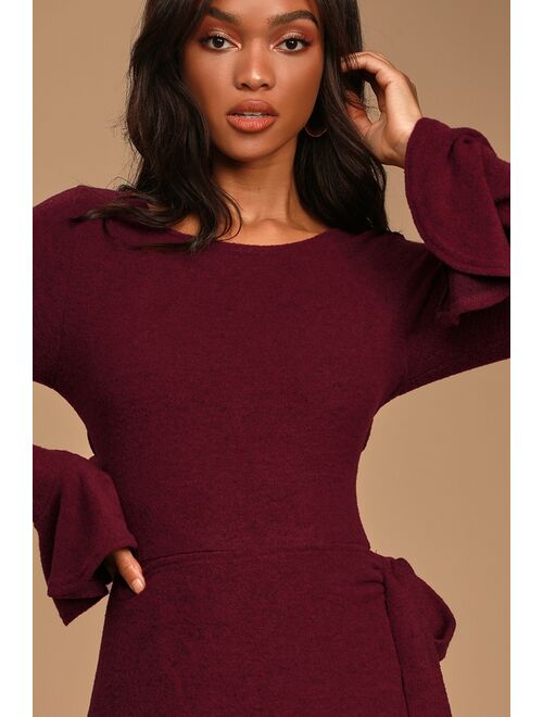 Lulus Favorite Tune Burgundy Faux Wrap Sweater Dress