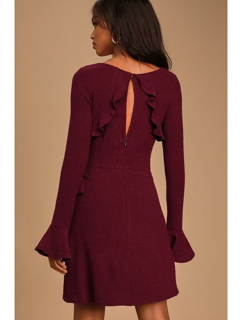 Lulus Favorite Tune Burgundy Faux Wrap Sweater Dress