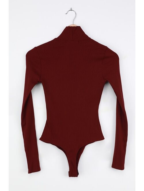 Lulus Wilde Burgundy Ribbed Long Sleeve Mock Neck Bodysuit