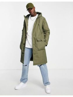 Premium oversized long parka coat in khaki