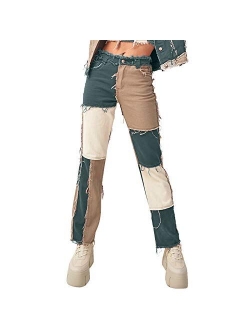 Womens Patchwork Jeans High Waist Stretch Distressed Straight Denim A-line Vintage Pencil Trousers Skinny Leggings Pants