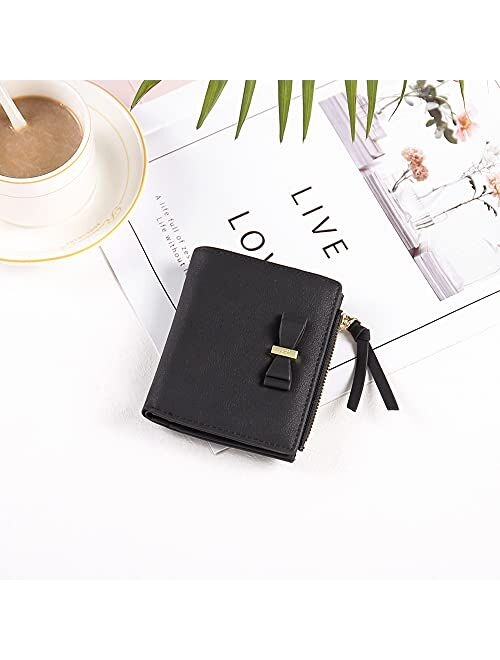 CLUCI Leather Wallets for Women Small Credit Card Holder Ladies Compact Coins Zipper Pocket Black