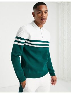 Ottoman block knit polo in green