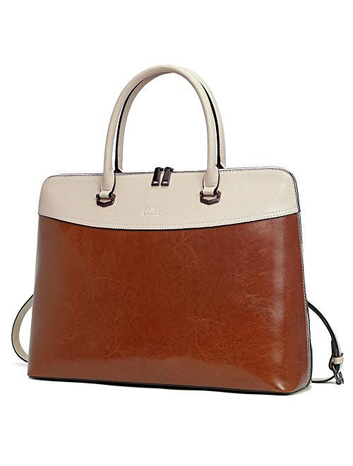 CLUCI Briefcase for Women Oil Wax Leather 15.6 Inch Laptop Business Vintage Slim Ladies Shoulder Bag