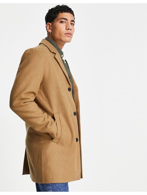 Jack & Jones Originals wool mix overcoat in tan