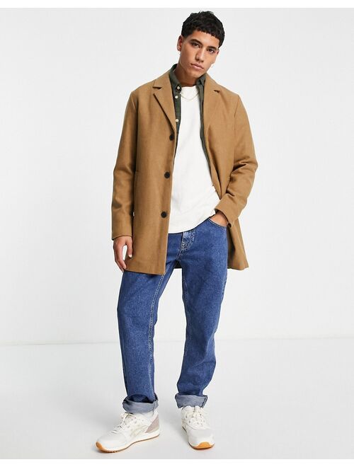 Jack & Jones Originals wool mix overcoat in tan