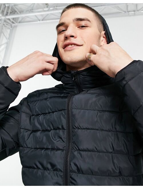 Buy Jack & Jones lightweight puffer jacket with hood in black online ...