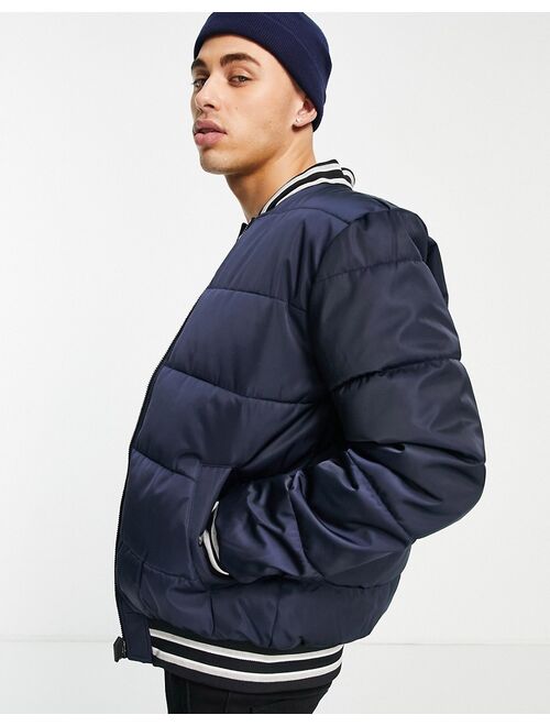 River Island varsity bomber jacket in navy