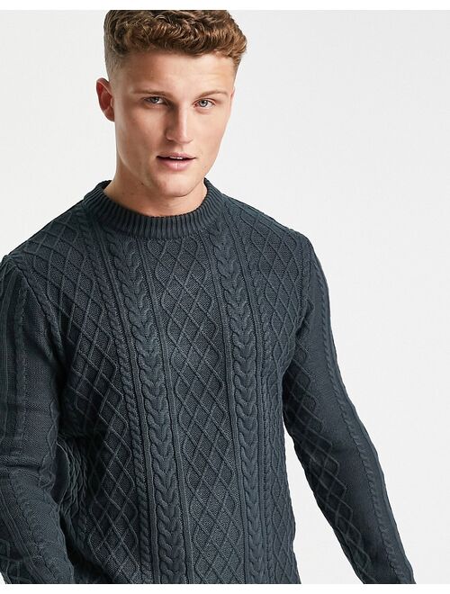 River Island long sleeve cable knit sweater in gray