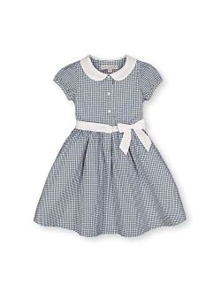 Girls' Short Sleeve Button Front Dress with Peter Pan Collar and Waist Sash