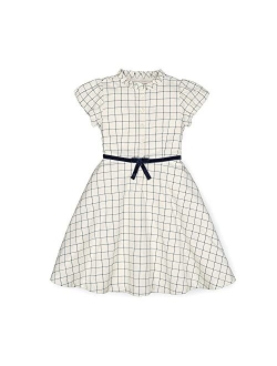 Girls' Short Sleeve Button Front Dress with Peter Pan Collar and Waist Sash