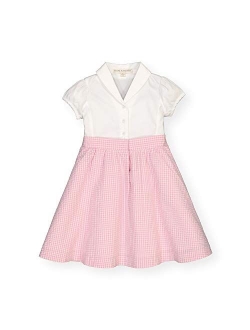 Girls' Short Sleeve Button Front Dress with Peter Pan Collar and Waist Sash