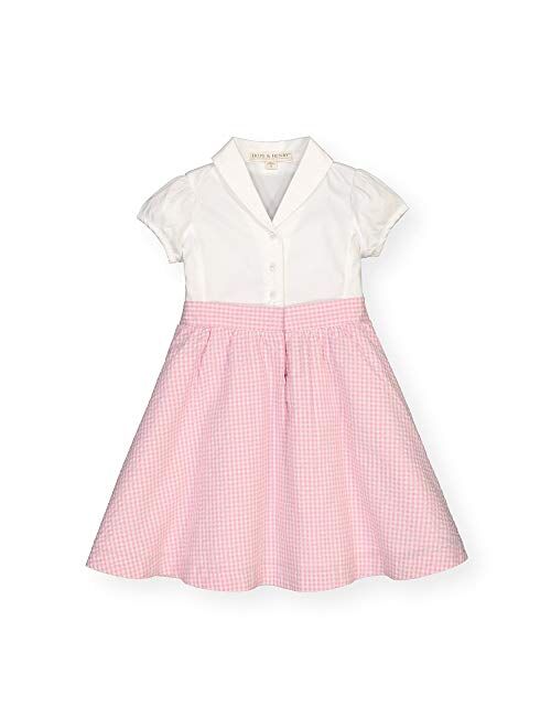 Hope & Henry Girls' Short Sleeve Button Front Dress with Peter Pan Collar and Waist Sash